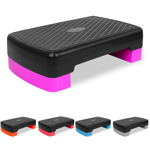 KL KLB Sport Aerobic Adjustable Step Platform with 2 Risers, Exercise for Home Gym, Black/Purple