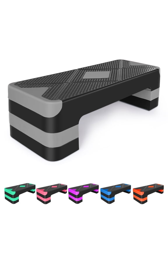 KL KLB Sport Aerobic Step Platform 27in Adjustable Exercise Fitness Workout Stepper with 4 Risers, Black/Gray