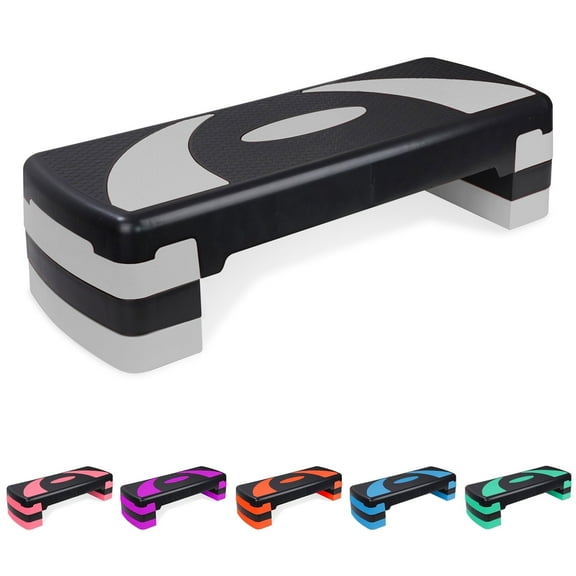 KL KLB Sport Aerobic Step Platform 31in Adjustable Exercise Fitness Workout Stepper with 4 Risers, Black/Gray