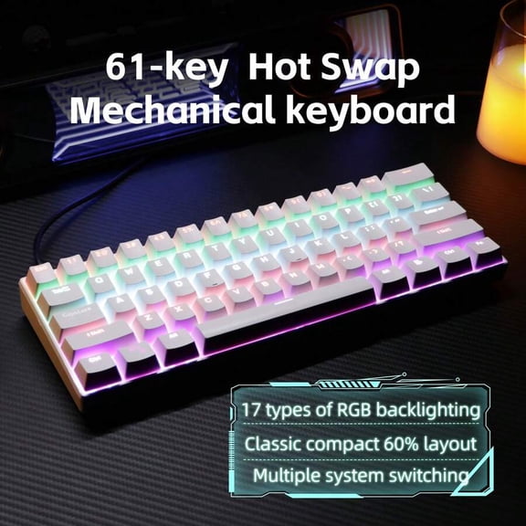 KL61 Wired 60% Mechanical Gaming Keyboard RGB Backlit 61 Keys Ultra-Compact With Hot Swappable Blue/Red Switch