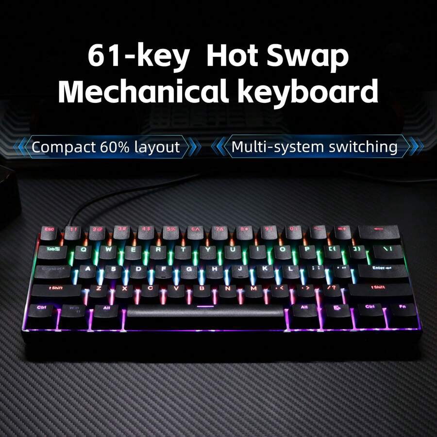 KL61 Wired 60% Mechanical Gaming Keyboard RGB Backlit 61 Keys Ultra-Compact With Hot Swappable Blue/Red Switch