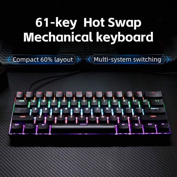 KL61 Wired 60% Mechanical Gaming Keyboard RGB Backlit 61 Keys Ultra-Compact With Hot Swappable Blue/Red Switch