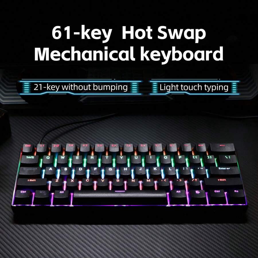 KL61 Wired 60% Mechanical Gaming Keyboard RGB Backlit 61 Keys Ultra-Compact With Hot Swappable Blue/Red Switch