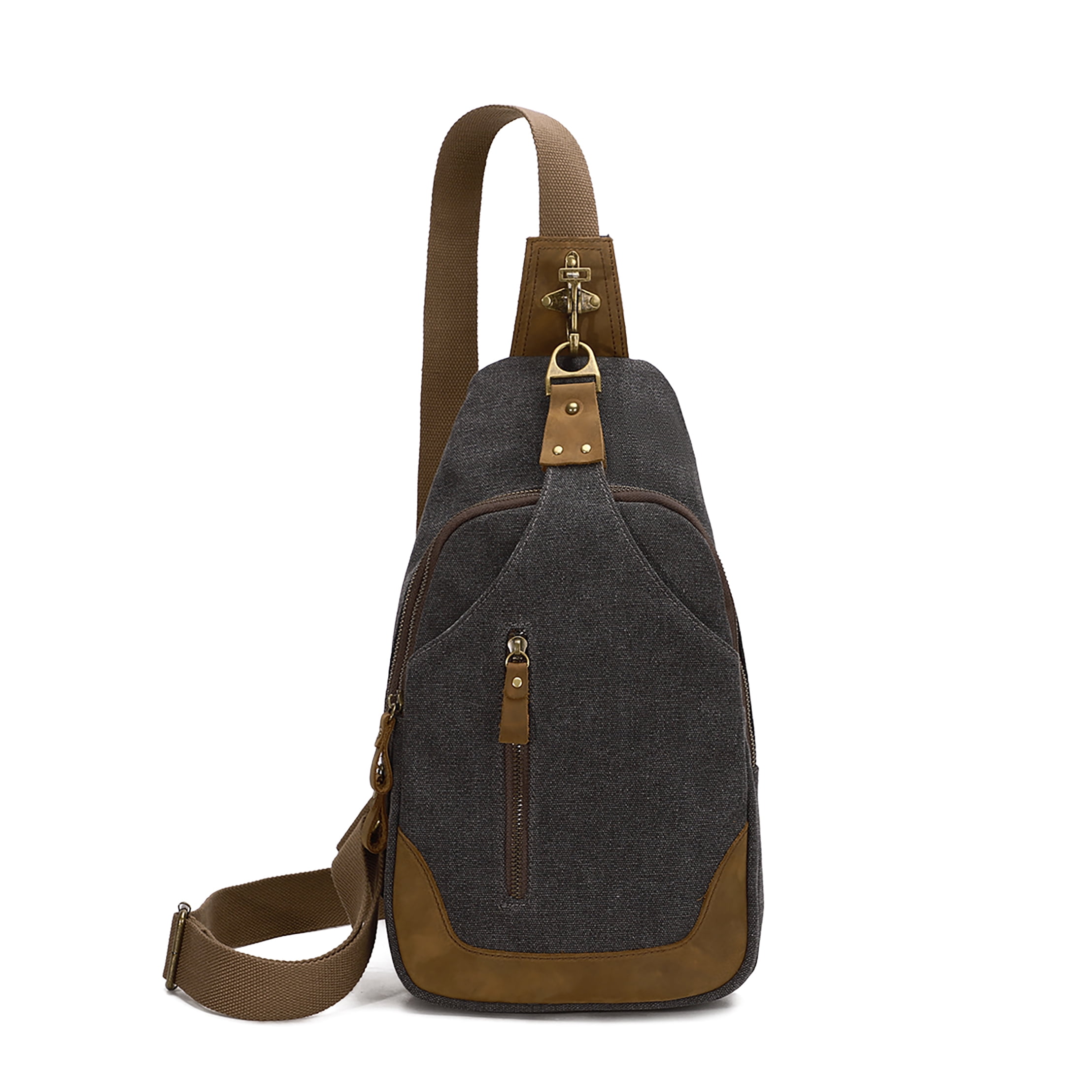 KL928 Sling Backpack Navy Blue Canvas with Brown Leather Trim Accents KL928 Canvas Sling Bag Shoulder Crossbody Backpack Casual  main image 2