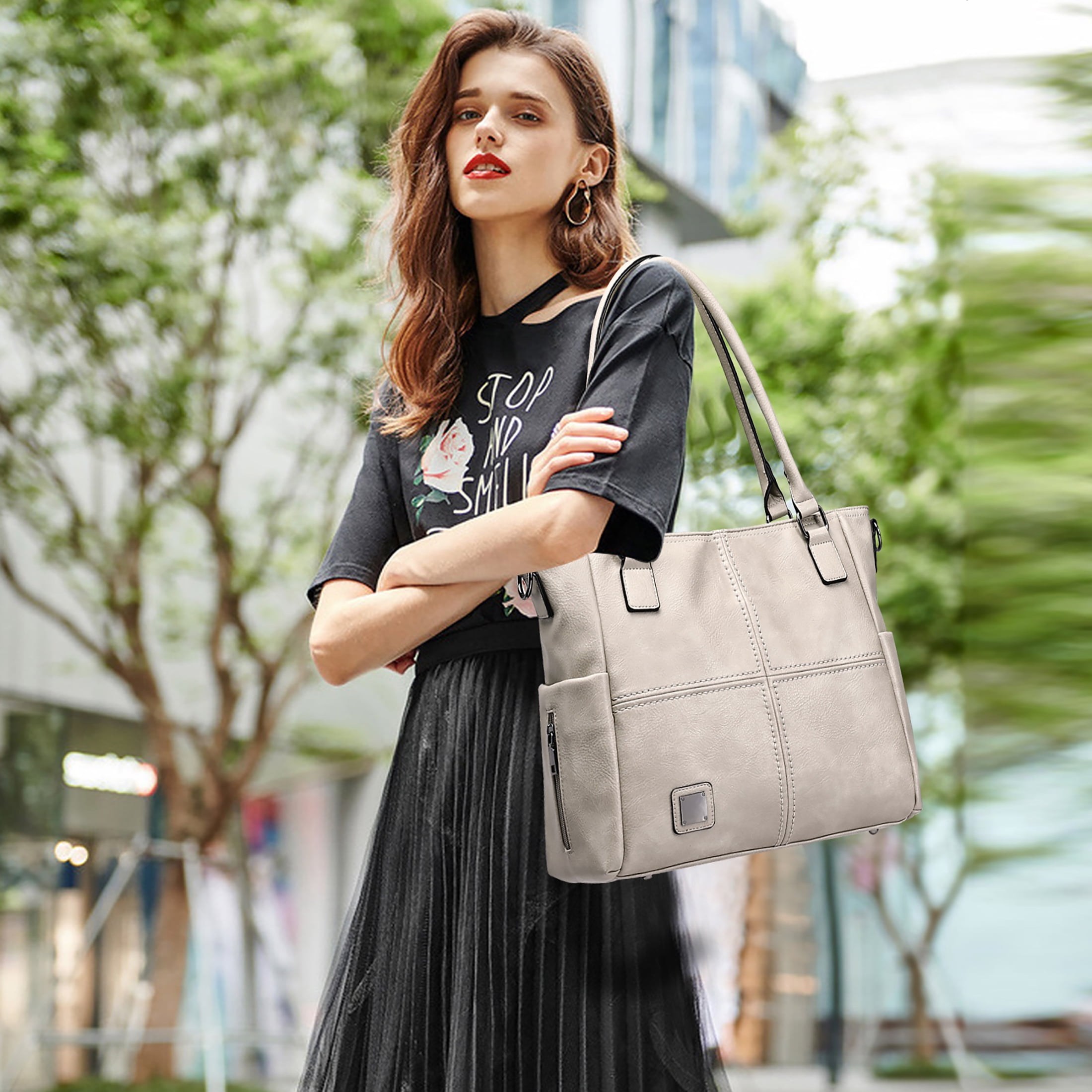 KL928 Tote Bag for Women Multi Pockets Shoulder Purse Versatile Ladies