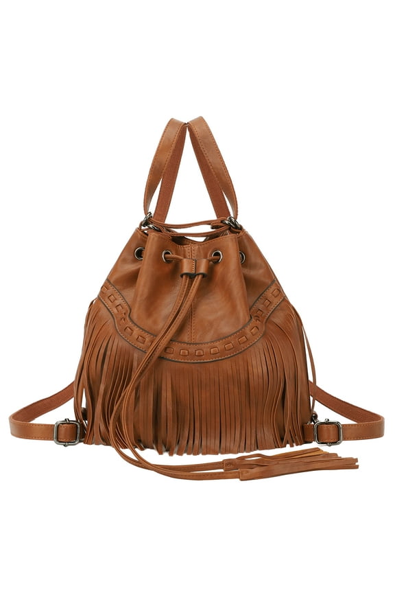 Women Backpack Purse Fringed Tassel Shoulder Bag with Drawstring Closure Yellow Brown