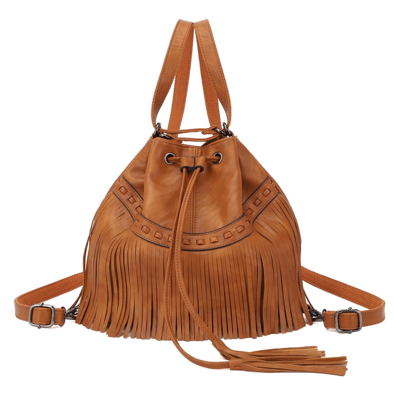 Women\'s Orange Leather Tassel Backpack Rajeriya- Travel Ready Designer Leather Backpack Purse for  main image 3