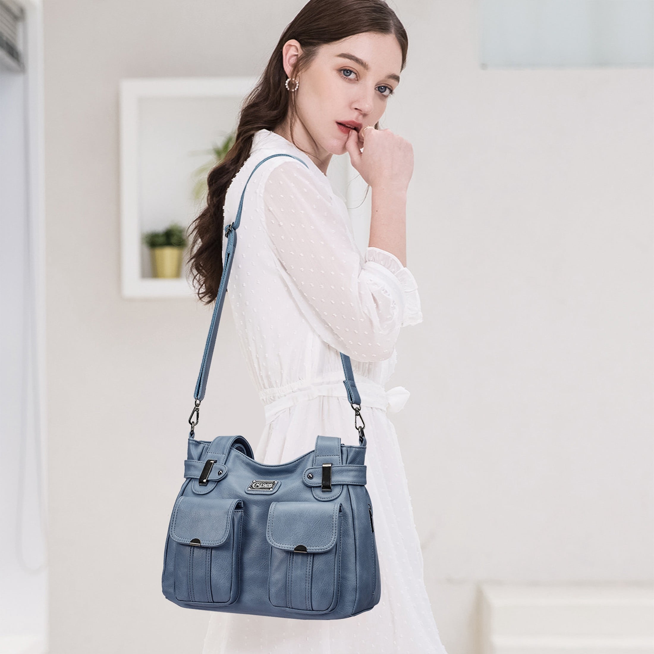 Wavlynn Elegant Blue Leather Shoulder Bag With Large Capacity And Zippered Interior Pockets main image 1
