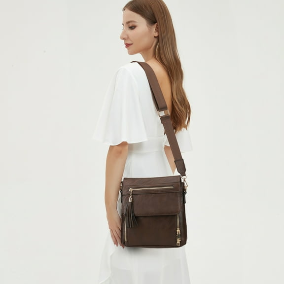 KL928 Women PU Leather Crossbody Purse Zipper Shoulder Handbags with Tassel (Coffee)