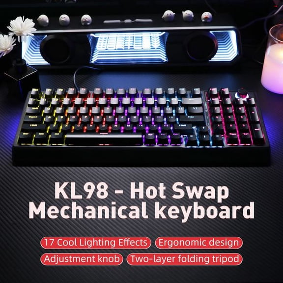 KL98 98-Key Mechanical Gaming Keyboard Hot-Swappable RGB Knob Adjustable Stand