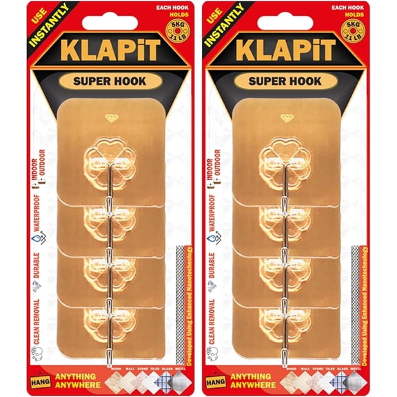 KLAPiT Super Hook Gold 8pc Heavy Duty Wall Hook Holds 11lb Waterproof Steel No Damage Easy Install