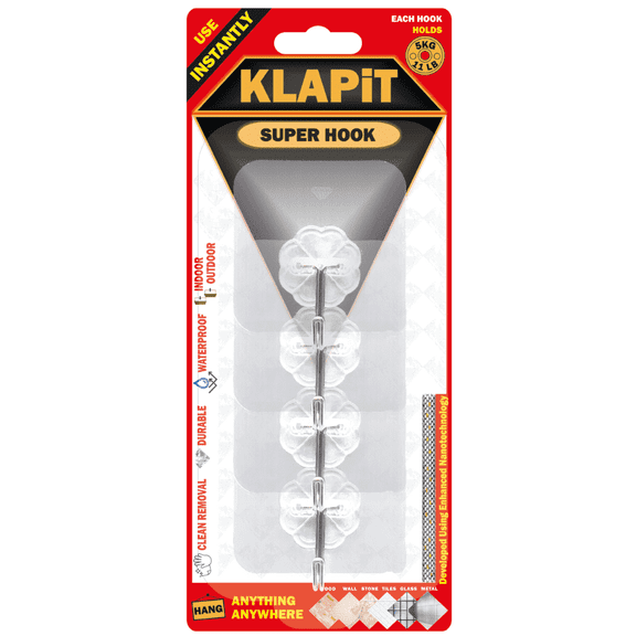KLAPiT Super Hook - 4 Pack, Heavy-Duty Adhesive Wall Hooks, 11 lb Capacity, Stainless Steel