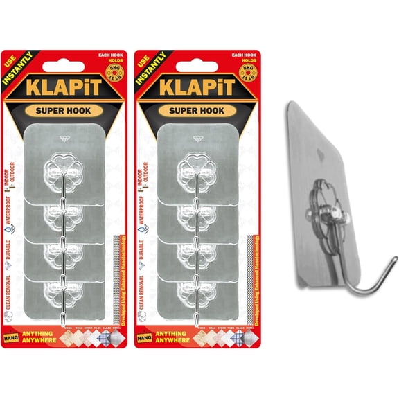 KLAPiT Super Hook Silver 8pc Heavy Duty Adhesive Wall Hook Holds 11lb Waterproof Easy Install