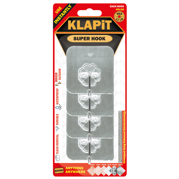 KLAPiT Super Hook – Heavy-Duty Adhesive Wall Hooks, holds up to 11 lbs, waterproof, no damage, easy install on tile, wood, glass, metal, stone