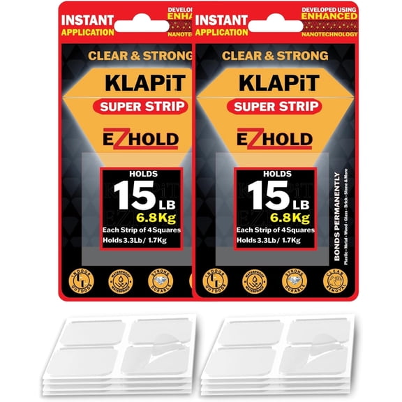 KLAPiT Super Strip EZHold Mounting Tape Squares - 1"x1" Pre-Cut, Heavy-Duty, Double-Sided, Transparent & Waterproof - 32 Count