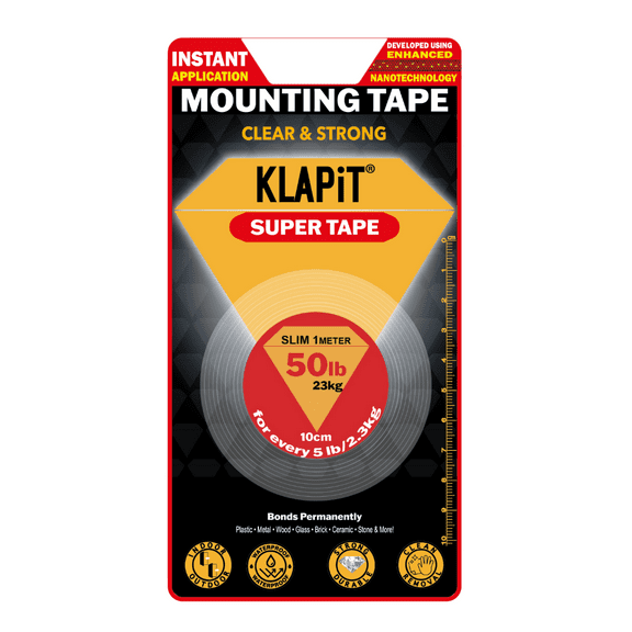 KLAPiT Super Tape Slim 1m Clear Double-Sided Heavy-Duty 1 pc, 3.2 Feet, Holds 50lb 1.27lb per Inch