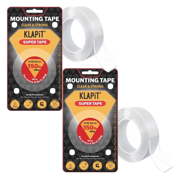 KLAPiT Super Tape Clear Double-Sided Mounting Tape, Holds 150 lb, Ideal for Frames, Doormats, Cords