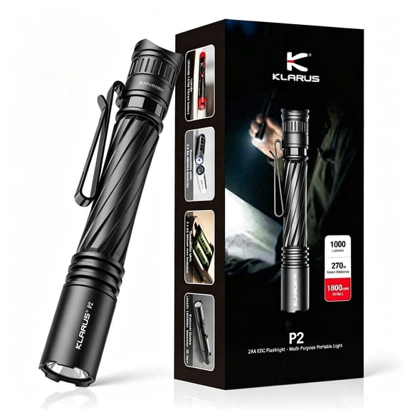 Klarus P2 EDC Tactical Penlight Flashlights, 1000 Lumens,IPX8 Waterproof, 1800mAh USB-C Rechargeable or 2AA Compatible, Pocket Flashlight,Black,1 Park