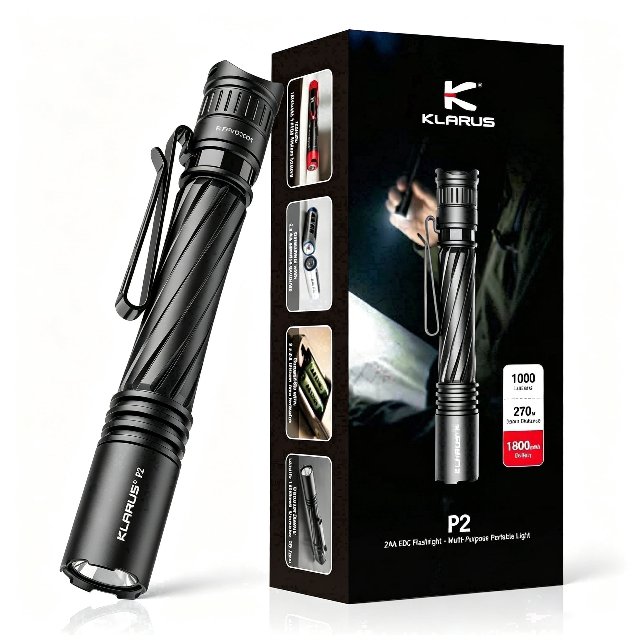 Klarus P2 Tactical Pen light, 1000 Lumens,IPX8 Waterproof, 1800mAh USB-C Rechargeable, Pocket Flashlight,Black,1 Park