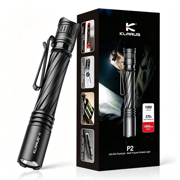 KLARUS P2 EDC Tactical Pen Light, 1000 Lumens,IPX8 Waterproof, 1800mAh USB-C Rechargeable or 2AA Compatible, Pocket Flashlight,Black,1 Park