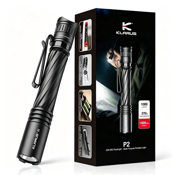 KLARUS P2 EDC Tactical Pen Light, 1000 Lumens,IPX8 Waterproof, 1800mAh USB-C Rechargeable or 2AA Compatible, Pocket Flashlight,Black,1 Park