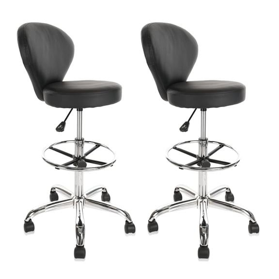 Black PVC Faux Leather Drafting Chair Set of 2 Rolling Swivel Salon Stool with Back Support Foot Rest Adjustable Hydraulic Seat Height for Massage Facial Spa Medical Drafting Tattoo Beauty