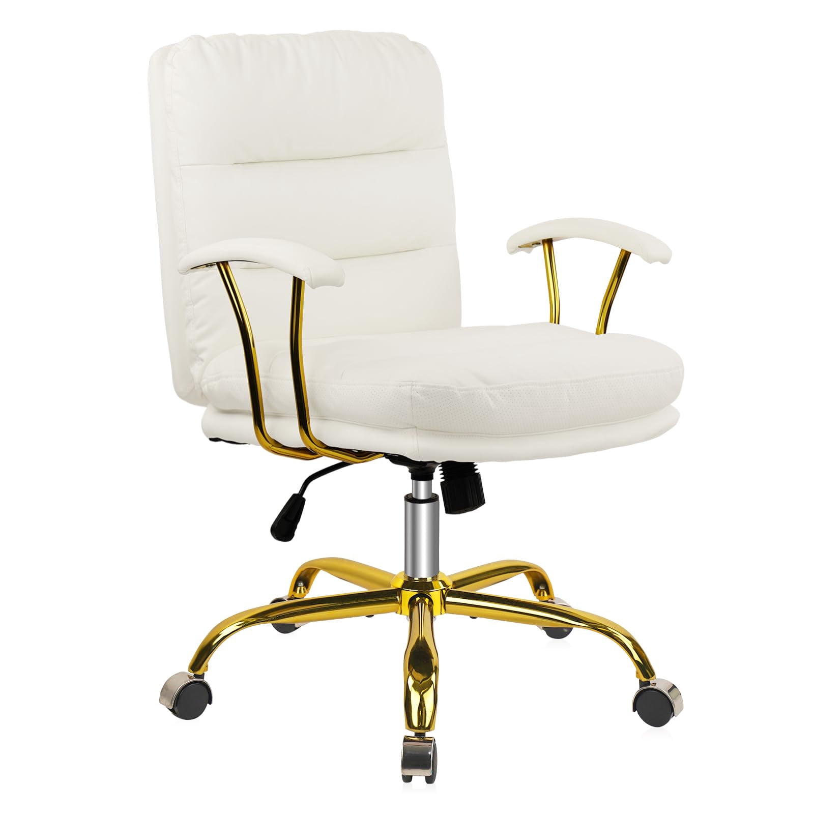 KLASIKA Leather Home Office Desk Chair with Wheels & Armrest, Mid Back Swivel Adjustable Computer Chair for Living Bedroom Office, White/Gold/300LB
