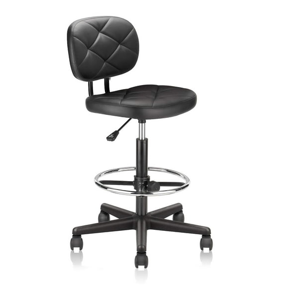 KLASIKA PU Leather Rolling Stool with Foot Rest Backrest, Drafting Chair with Wheels Adjustable Height, Multi-Purpose Desk Chair for Home Office Bar Kitchen Shop, Black (1PK)