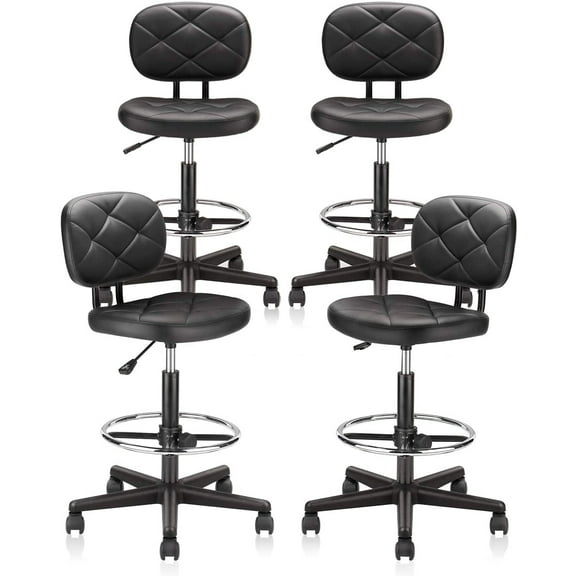 KLASIKA PU Leather Rolling Stool with Foot Rest Backrest, Drafting Chair with Wheels Adjustable Height, Multi-Purpose Desk Chair for Home Office Bar Kitchen Shop, Black (4PK)