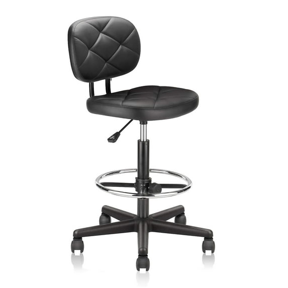KLASIKA PU Leather Rolling Stool with Foot Rest Backrest, Drafting Chair with Wheels Adjustable Height, Multi-Purpose Desk Chair for Home Office Bar Kitchen Shop, Black (1PK)
