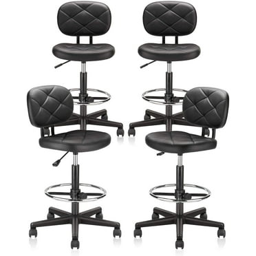 KLASIKA PU Leather Rolling Stool with Foot Rest Backrest, Drafting Chair with Wheels Adjustable Height, Multi-Purpose Desk Chair for Home Office Bar Kitchen Shop, Black (4PK)