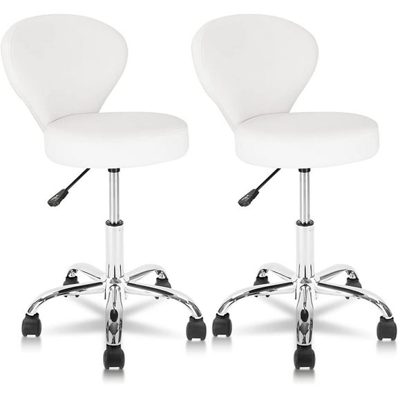 KLASIKA Set of 2 PVC Rolling Swivel Salon Stool Chair with Back Support Adjustable Hydraulic Seat Height 22" Inch for Facial Spa Medical Tattoo Beauty Barber White 2 Pack
