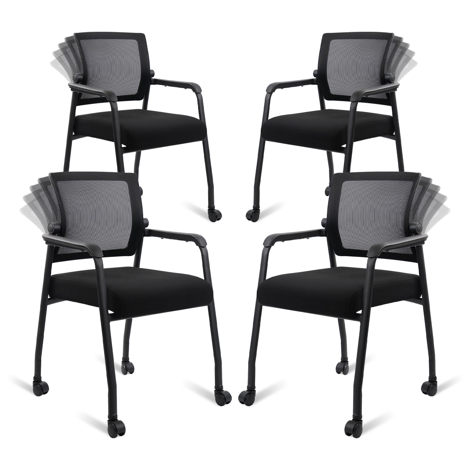 KLASIKA Waiting Room Chairs with Wheels, Adjustable Mesh Backrest, Desk Chair with Ergonomic Lumbar Support and Thickened Seats Cushion, 4 Pack Black