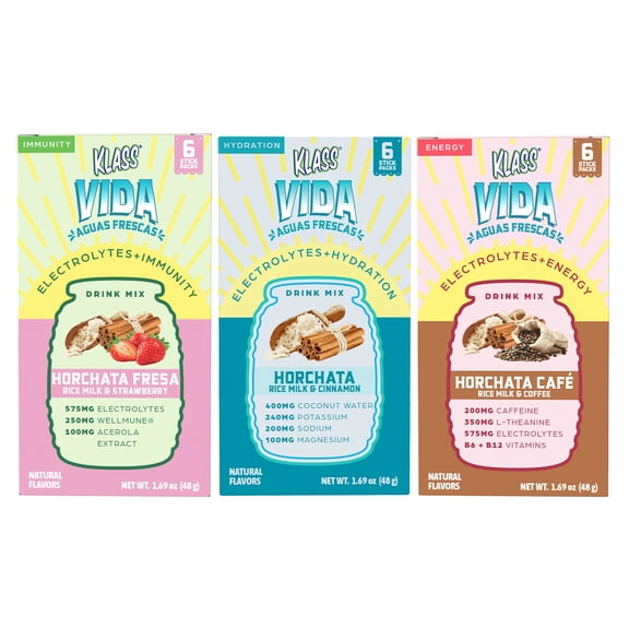 KLASS VIDA Electrolyte Powder Drink Mix Multipack Includes 1 Horchata Hydration Pack, 1 Coffee Horchata Energy Pack & 1 Strawberry Horchata Immunity Pack, Sugar-Free, 18 stick pack (5.07 oz)