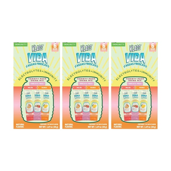 KLASS VIDA Hydration + Immunity Electrolyte Powder Drink Mix, Mango, Strawberry Horchata, Cantaloupe, Sugar-Free, Wellmune, Acerola, Coconut Water, 18 Sticks (5.07 oz)