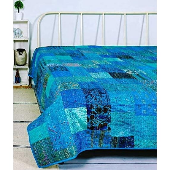 KLAVATE Indian Patchwork Kantha Quilt Throw Handmade Silk Patola Kantha Bed Cover King Size Reversible Bedding Bedspread Vintage Hand Stitch Gudri, Decorative Beach Blanket (90 x 108 INCH)