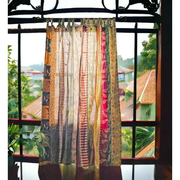 KLAVATE Indian Saree Silk Curtain Patchwork Saree Bohemian Ethnic Wall hanging Curtains Light Filtering Drape Window Decor Set of 2 Panels