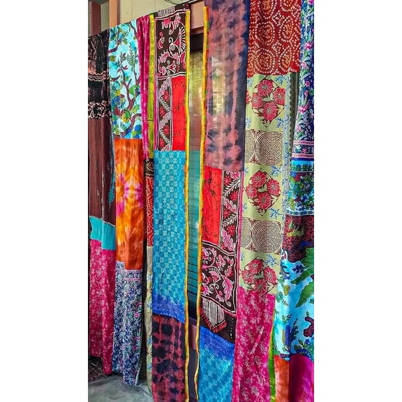 KLAVATE Indian Saree Silk Curtain Patchwork Saree Bohemian Ethnic Wall hanging Curtains Light Filtering Drape Window Decor Set of 2 Panels