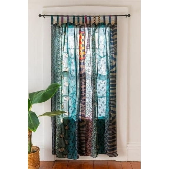 KLAVATE Indian Saree Silk Curtain Patchwork Saree Bohemian Ethnic Wall hanging Curtains Light Filtering Drape Window Decor Set of 2 Panels