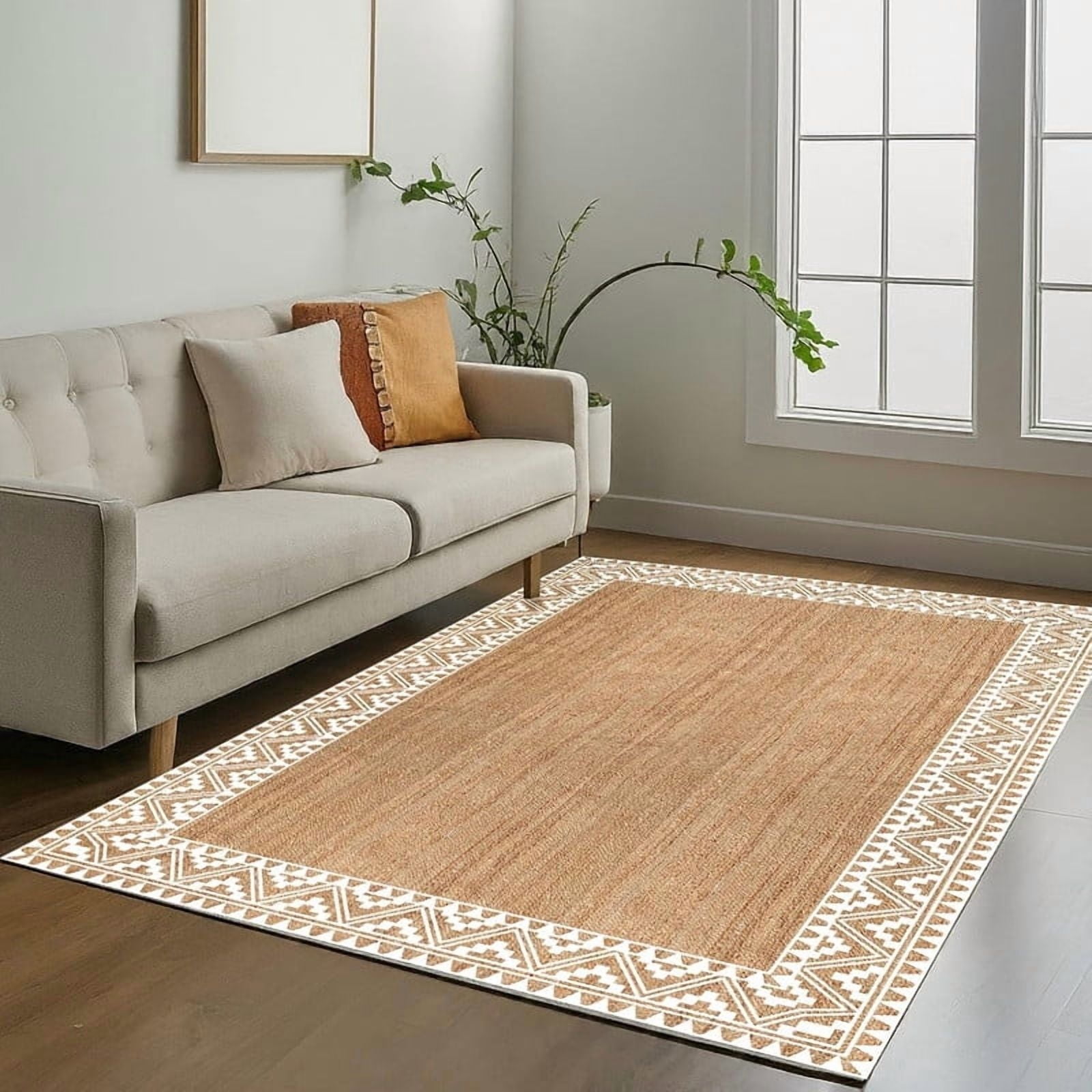 KLAVATE Jute Rug Tribal Print Border Boho Handwoven Carpet for Living Room