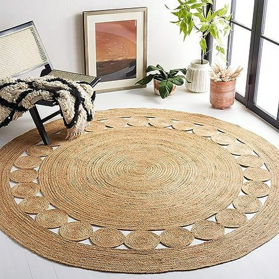 KLAVATE Natural Fiber Hand Braided Jute Area Tikki Round Rug