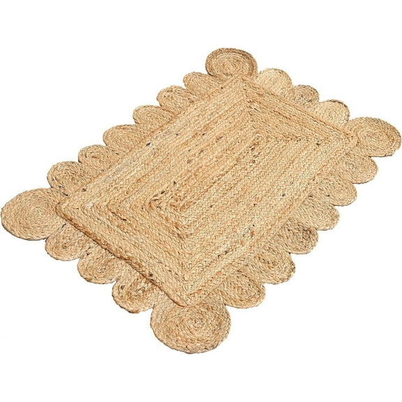 KLAVATE Natural Jute Hand Braided Scalloped Area Rug