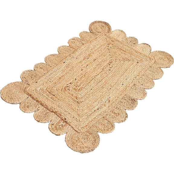 KLAVATE Natural Jute Hand Braided Scalloped Area Rug