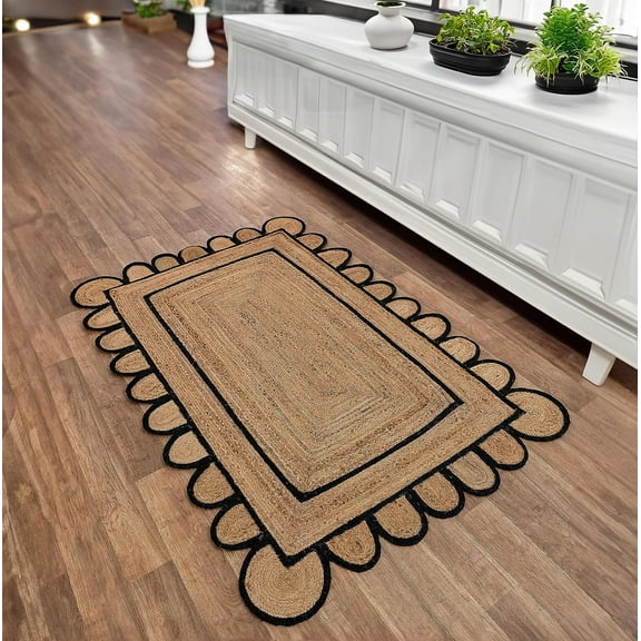 KLAVATE Natural Jute Hand Braided Scalloped Area Rug