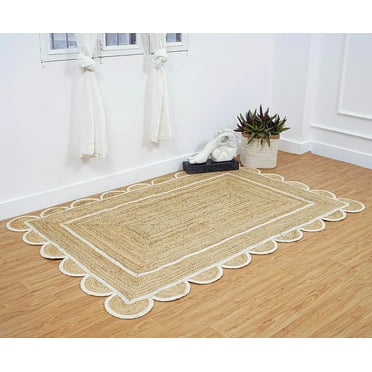 KLAVATE Natural Jute Hand Braided Scalloped Area Rug