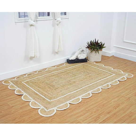KLAVATE Natural Jute Hand Braided Scalloped Area Rug