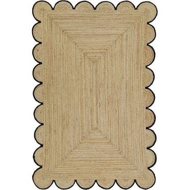 KLAVATE Natural Jute Scalloped Hand Braided Farmhouse Jute Area Rug