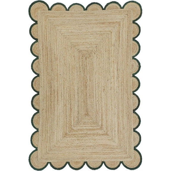 KLAVATE Natural Jute Scalloped Hand Braided Farmhouse Jute Area Rug