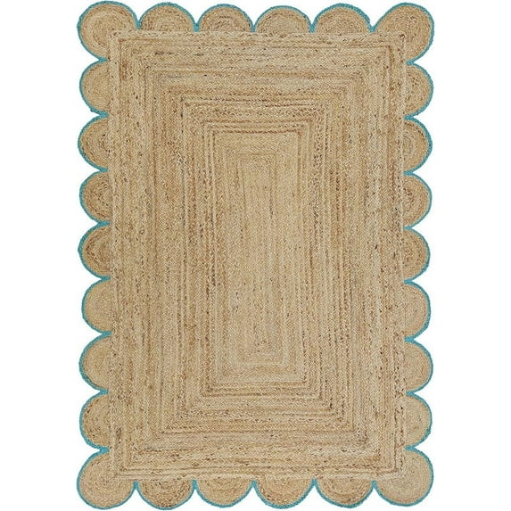 KLAVATE Natural Jute Scalloped Hand Braided Farmhouse Jute Area Rug