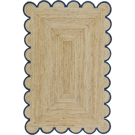 KLAVATE Natural Jute Scalloped Hand Braided Farmhouse Jute Runner Rug